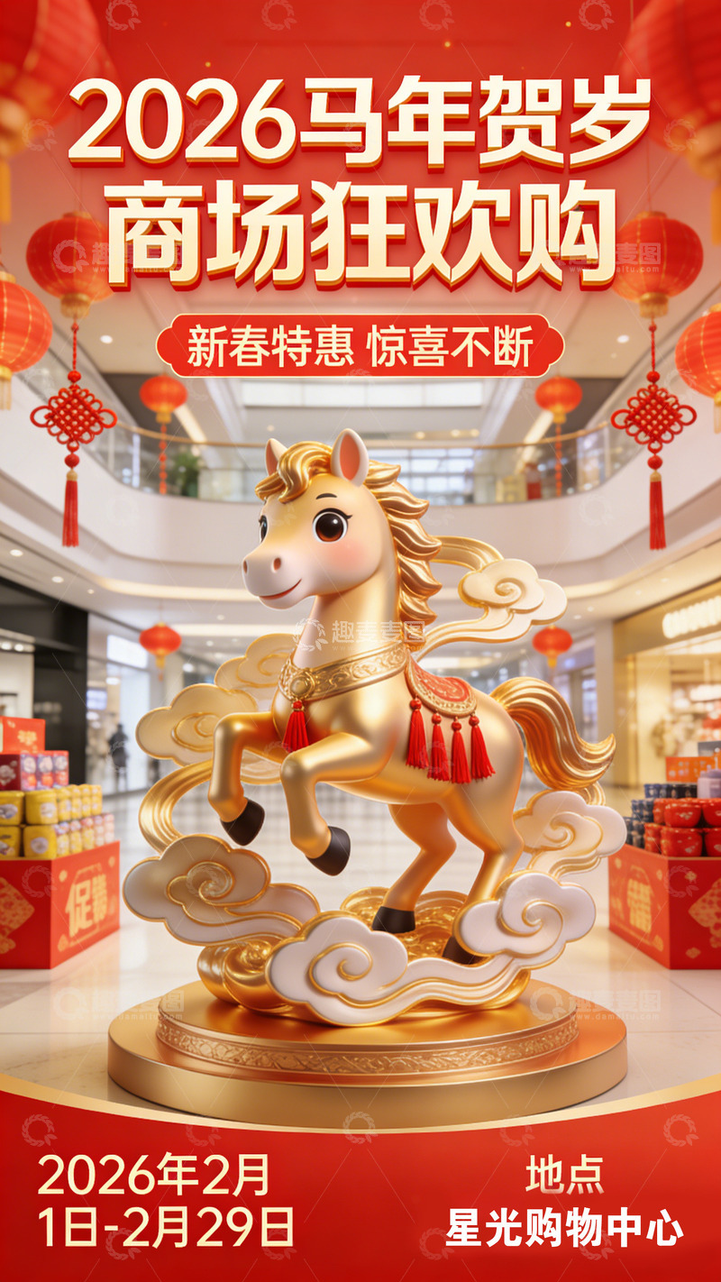 高清大图下载【趣麦麦图】2026马年贺岁商场狂欢购宣传海报
