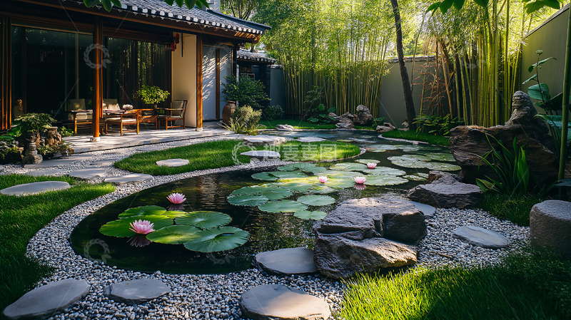 高清大图下载【趣麦麦图】新中式庭院池塘