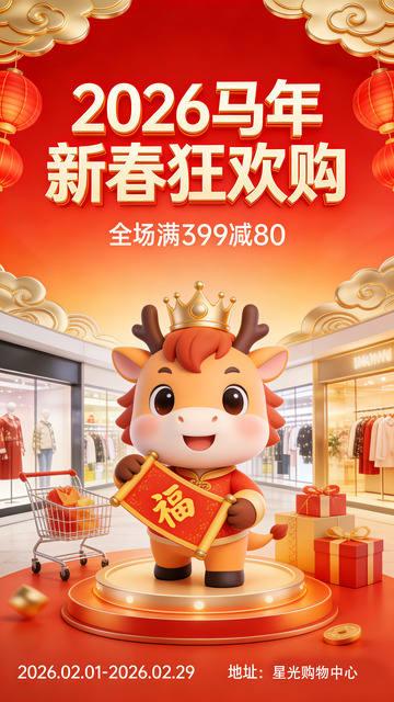 卡通马年新春购物促销海报设计