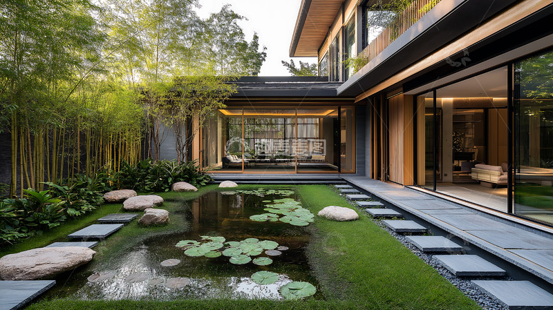 高清大图下载【趣麦麦图】池塘院落新中式