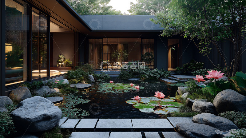 高清大图下载【趣麦麦图】新中式庭院池塘院落