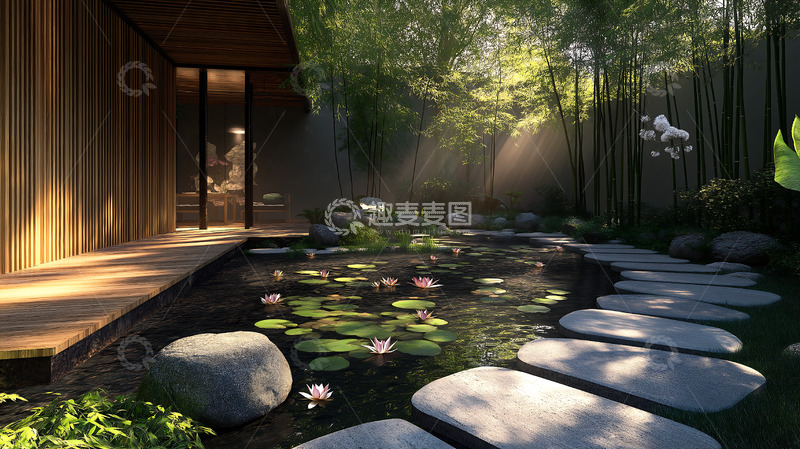 高清大图下载【趣麦麦图】池塘新中式院落