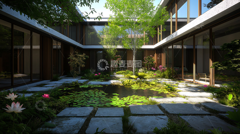 高清大图下载【趣麦麦图】新中式庭院池塘睡莲