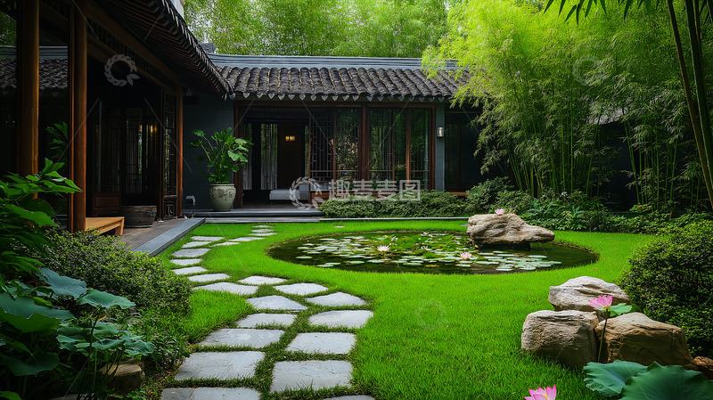 高清大图下载【趣麦麦图】新中式庭院池塘院落睡莲