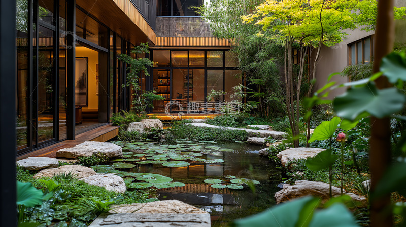高清大图下载【趣麦麦图】院落新中式庭院池塘睡莲