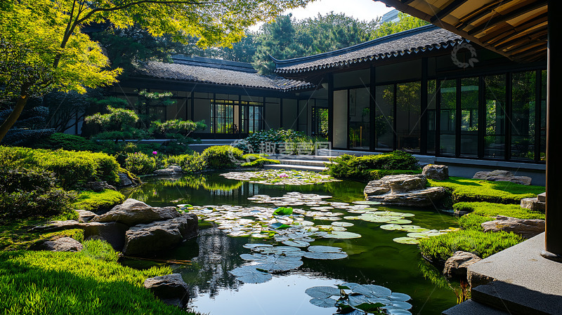 高清大图下载【趣麦麦图】新中式睡莲池塘