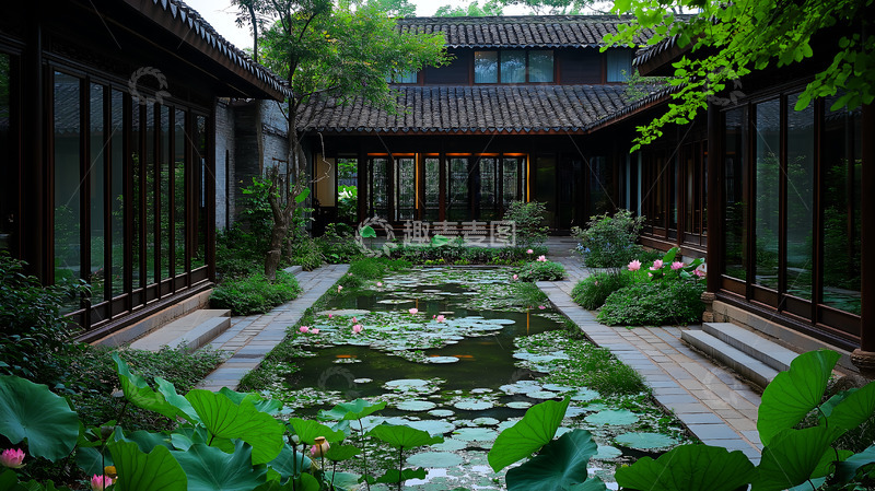 高清大图下载【趣麦麦图】睡莲池塘院落
