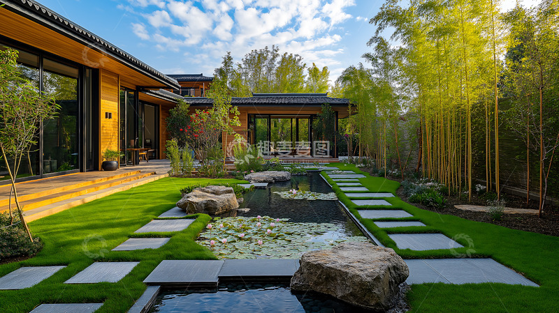 高清大图下载【趣麦麦图】睡莲池塘新中式庭院
