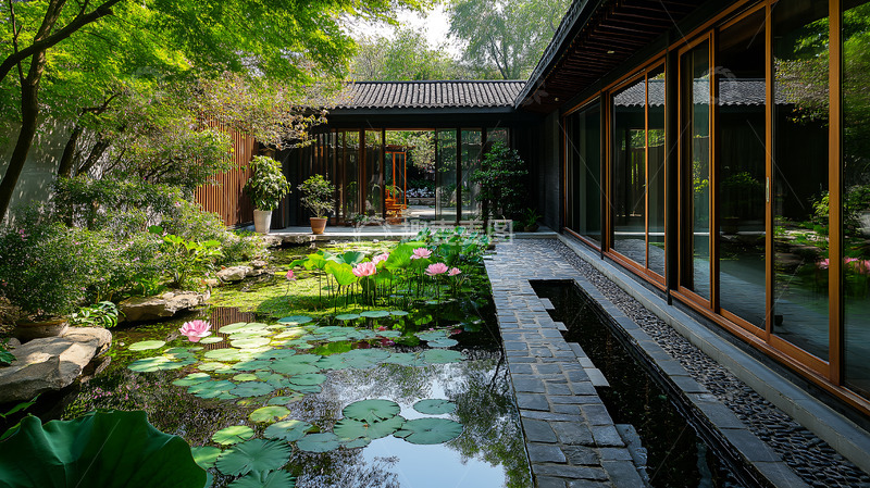 高清大图下载【趣麦麦图】新中式庭院睡莲院落池塘