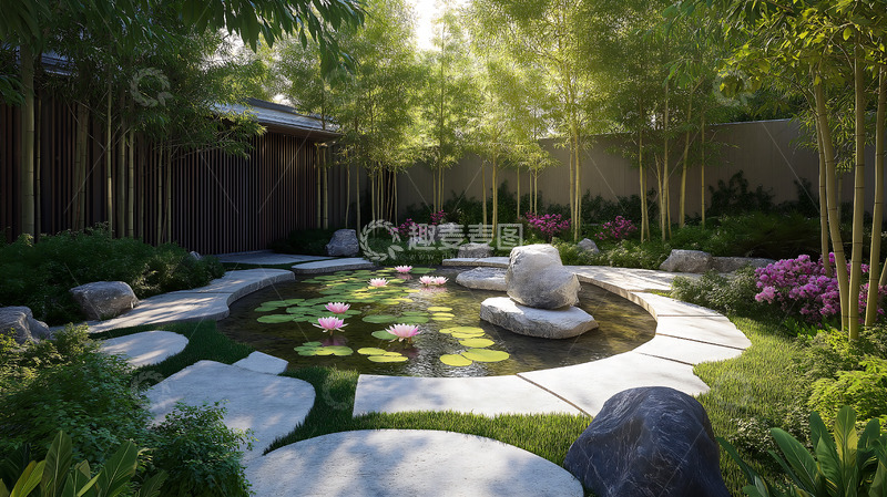 高清大图下载【趣麦麦图】池塘庭院新中式