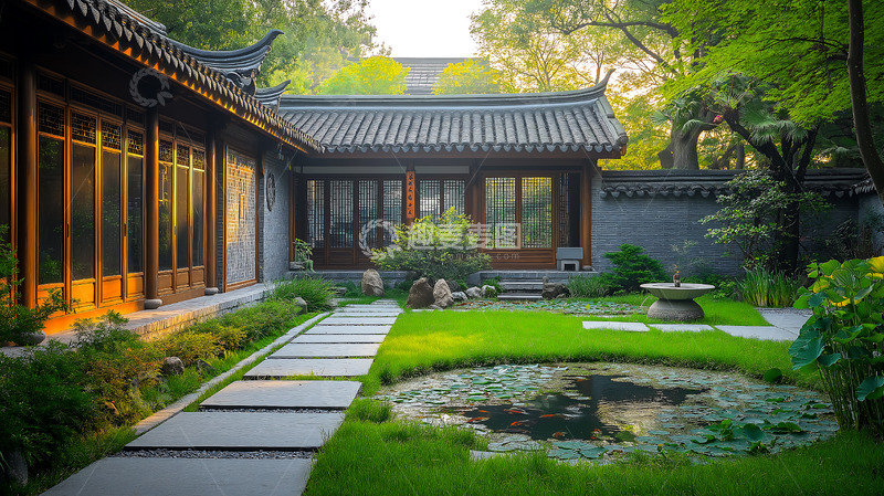 高清大图下载【趣麦麦图】池塘新中式庭院院落