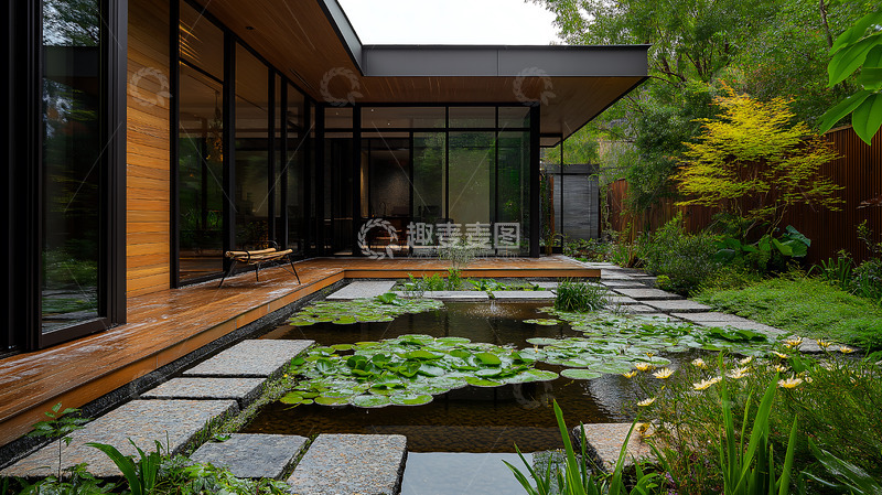 高清大图下载【趣麦麦图】池塘新中式庭院院落睡莲