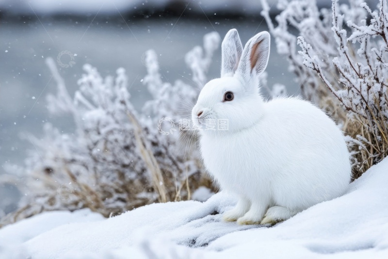 高清大图下载【趣麦麦图】冬季雪地里带着的白色兔子