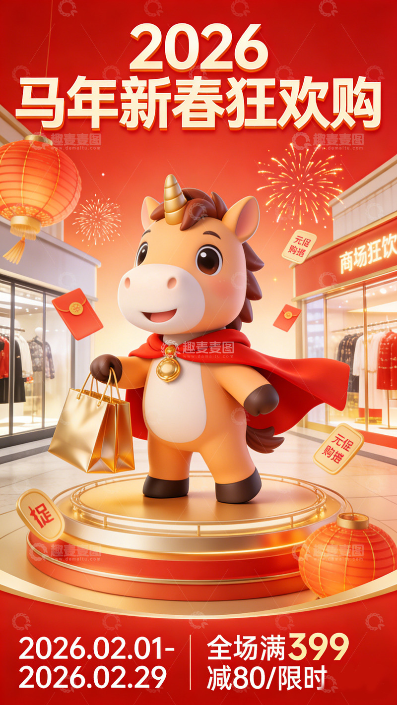 高清大图下载【趣麦麦图】马年新春购物狂欢海报