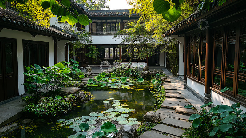 高清大图下载【趣麦麦图】池塘新中式庭院睡莲