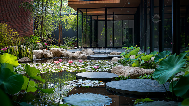 高清大图下载【趣麦麦图】院落池塘新中式庭院睡莲