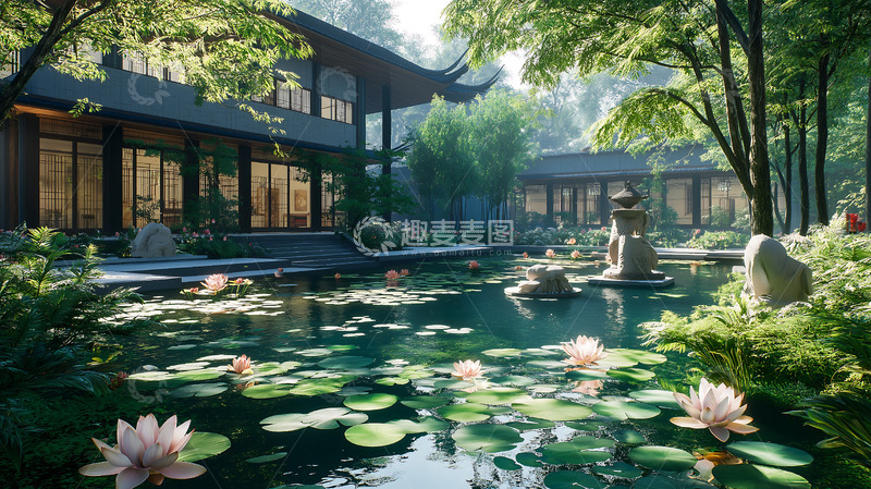 高清大图下载【趣麦麦图】院落新中式庭院睡莲