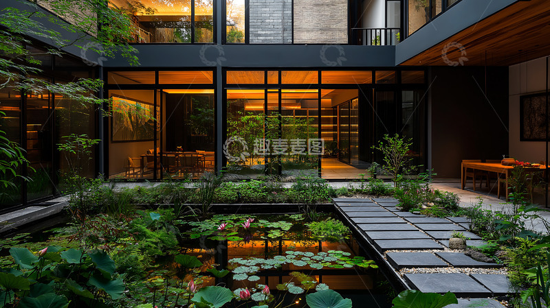 高清大图下载【趣麦麦图】院落新中式庭院池塘