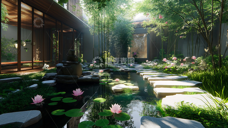 高清大图下载【趣麦麦图】池塘新中式庭院