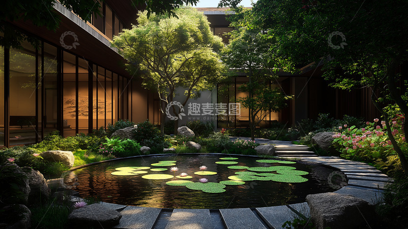 高清大图下载【趣麦麦图】新中式庭院睡莲池塘