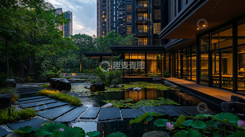 高清大图下载【趣麦麦图】池塘睡莲新中式庭院