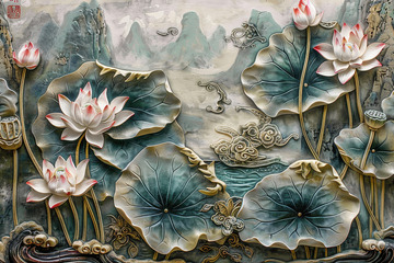 墙壁上雕刻的荷花池