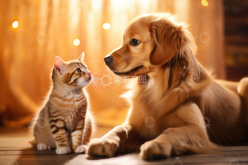 高清大图下载【趣麦麦图】一只金毛和一只小猫