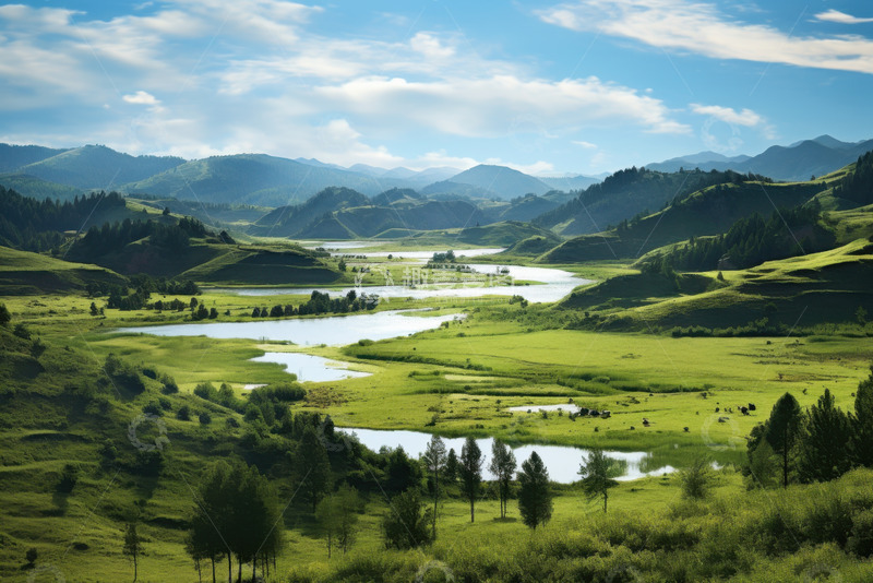 高清大图下载【趣麦麦图】草滩河流树木远山