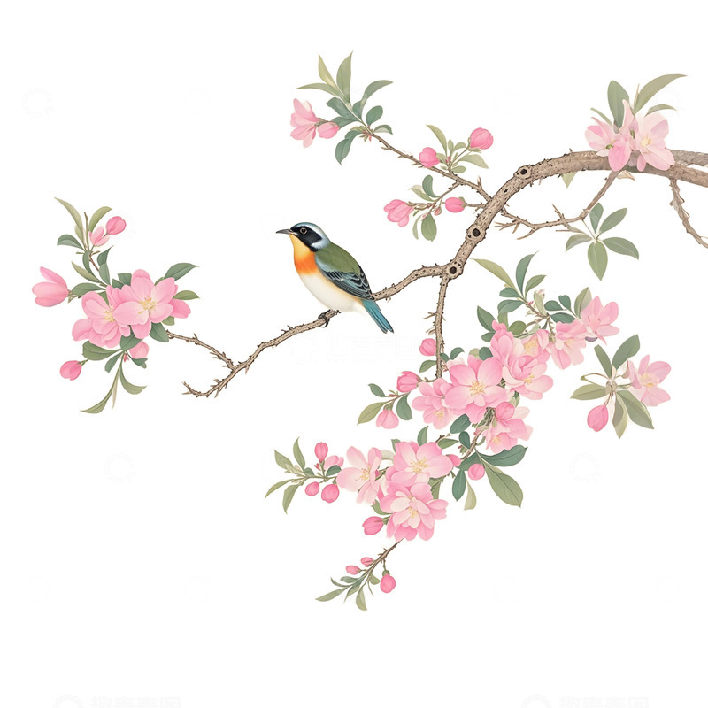 高清大图下载【趣麦麦图】工笔画风格春季小鸟花枝素材