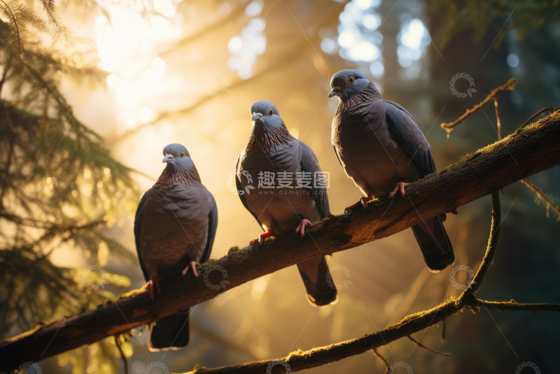 高清大图下载【趣麦麦图】站在树枝上的三只鸽子