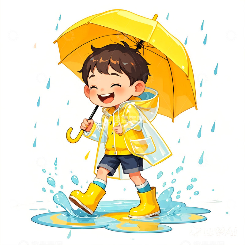 高清大图下载【趣麦麦图】-雨天打伞男孩卡通插画素材