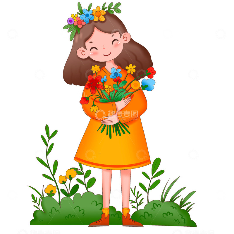 源文件下载【趣麦麦图】卡通手绘春天女孩在草地上拿着花朵免抠元素