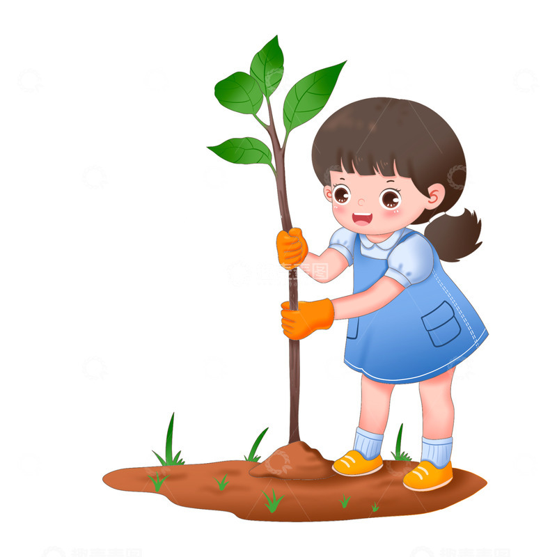 源文件下载【趣麦麦图】卡通手绘植树节女孩种树免抠元素