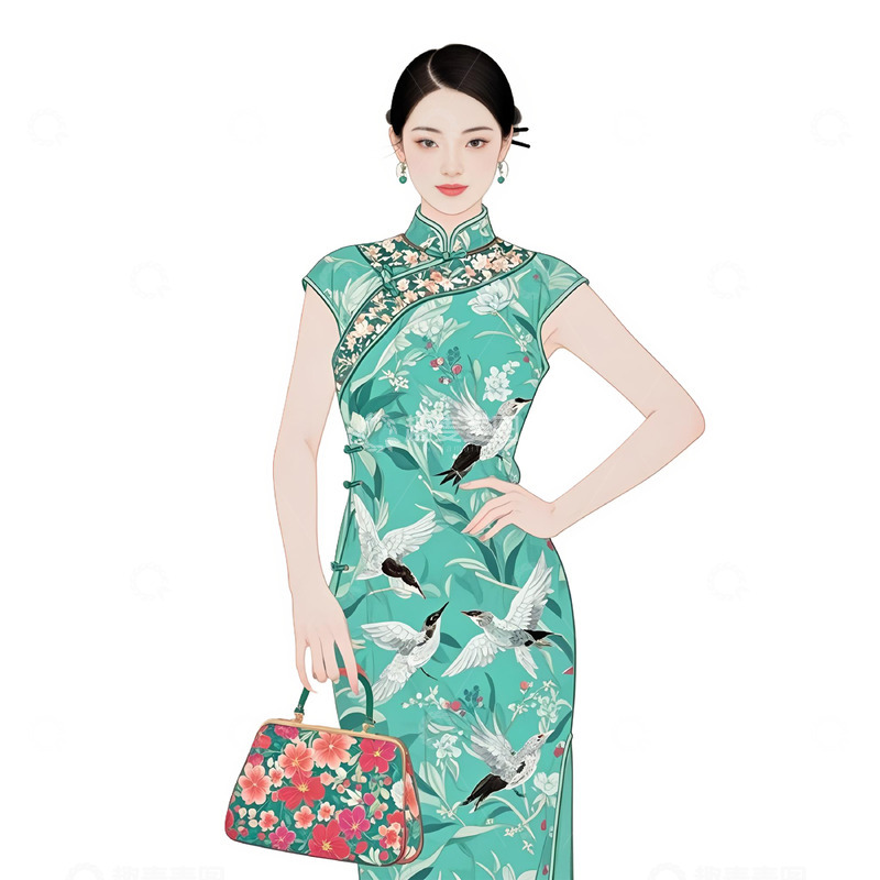 高清大图下载【趣麦麦图】旗袍复古女人工笔画素材