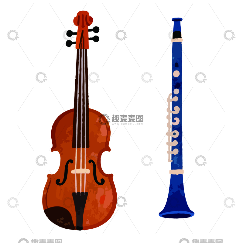 源文件下载【趣麦麦图】-卡通乐器小提琴笛子插画