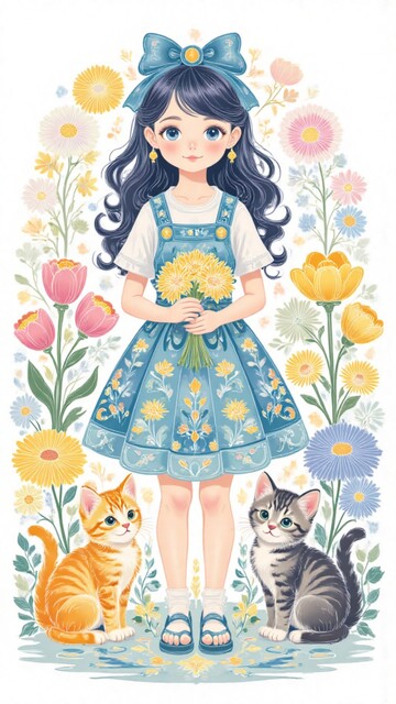 卡通少女花园插画
