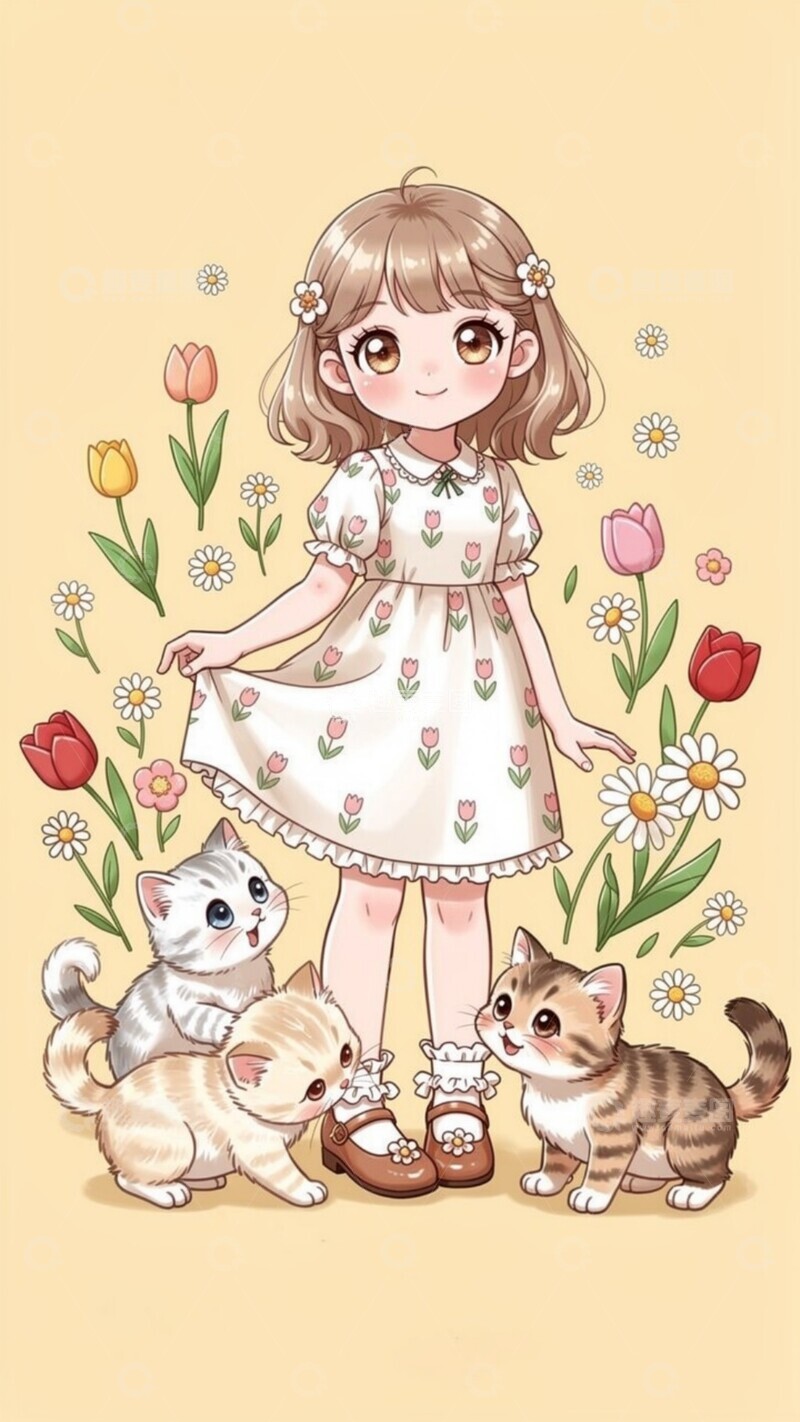 高清大图下载【趣麦麦图】卡通少女与猫咪插画素材