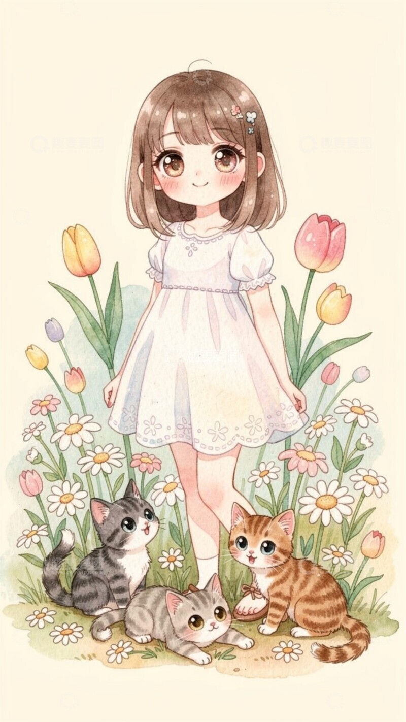 高清大图下载【趣麦麦图】水彩少女与猫咪花园插画