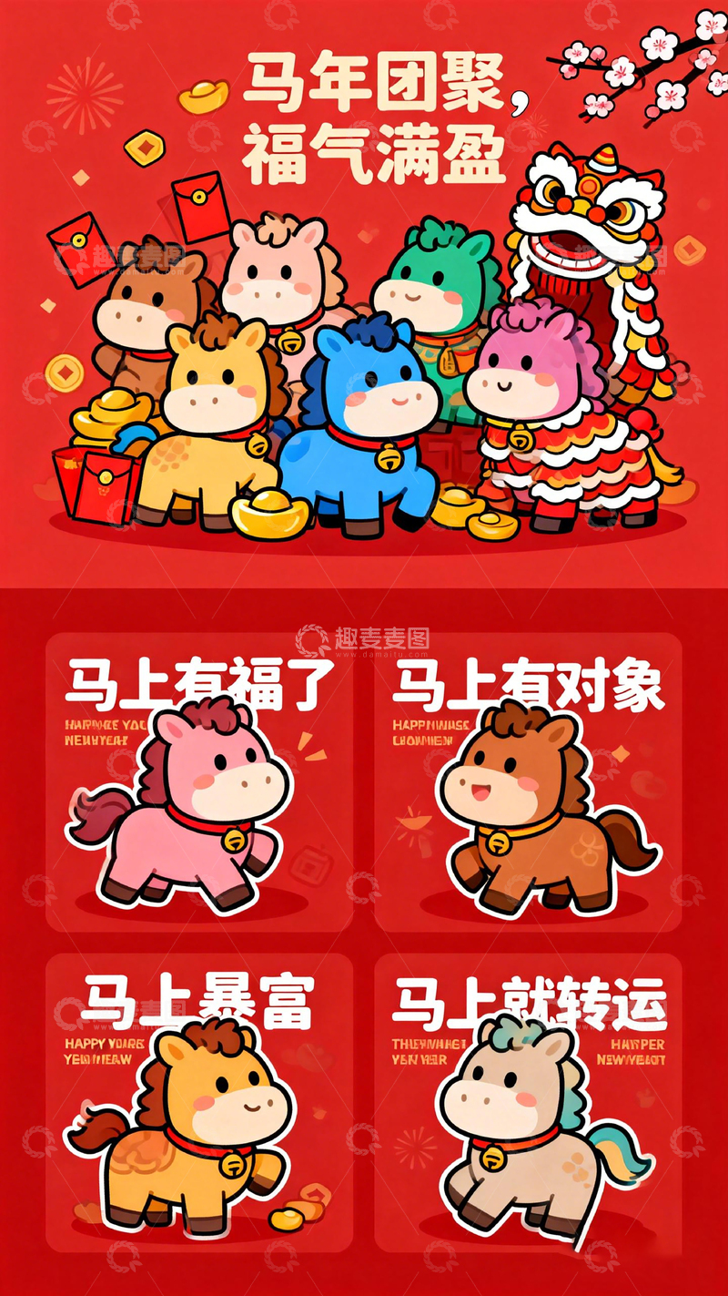 高清大图下载【趣麦麦图】马年喜庆卡通插画设计素材