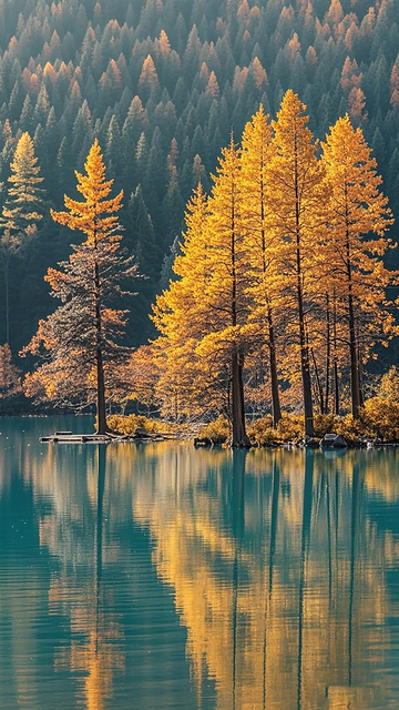 秋水金黄森林映