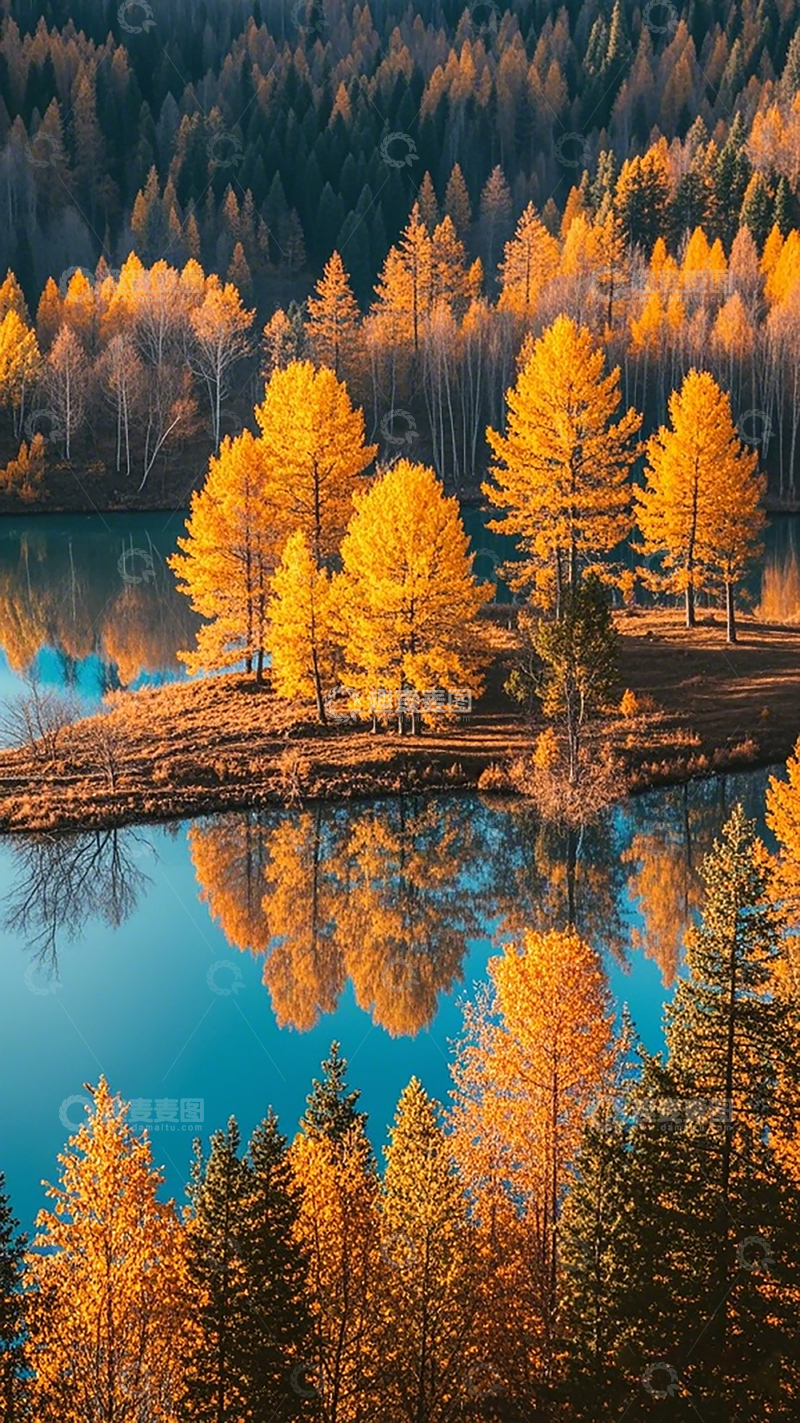 高清大图下载【趣麦麦图】秋日湖畔金光灿灿