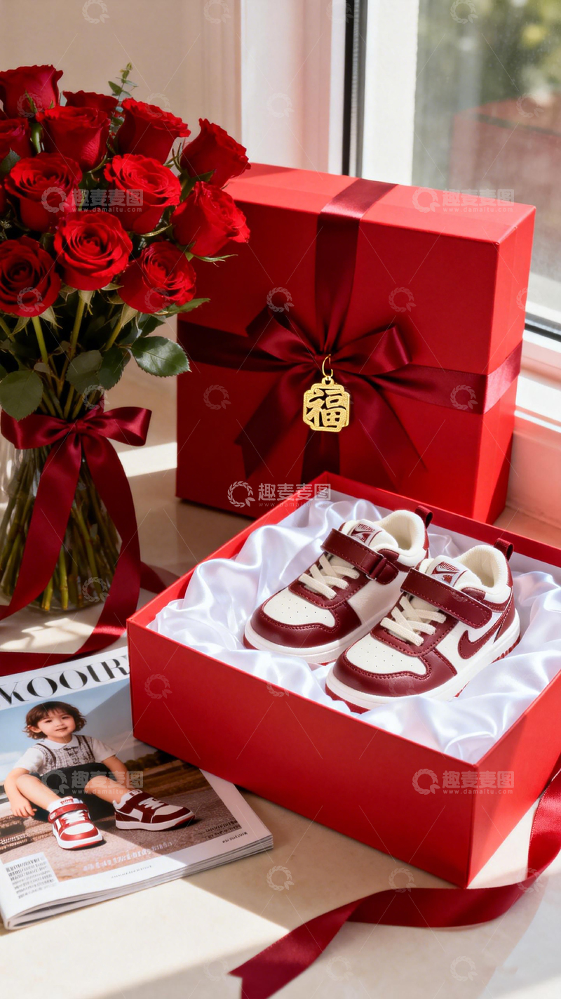 高清大图下载【趣麦麦图】红色礼品盒与鲜花节日装饰