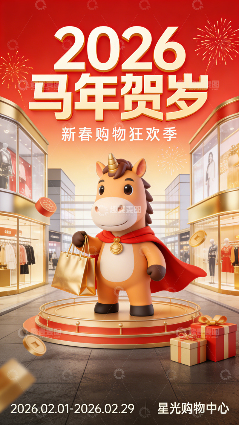 高清大图下载【趣麦麦图】卡通马年新春购物海报