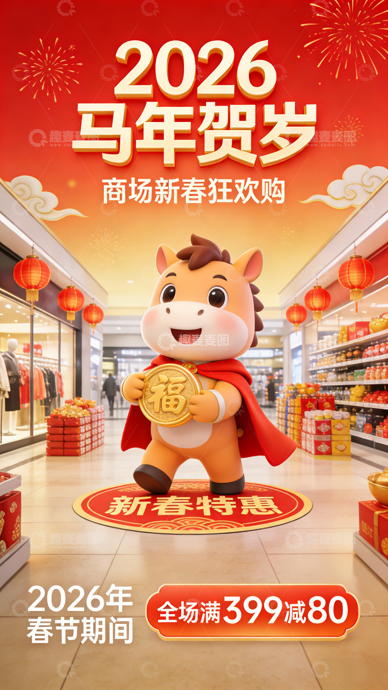 高清大图下载【趣麦麦图】2026马年新春购物海报
