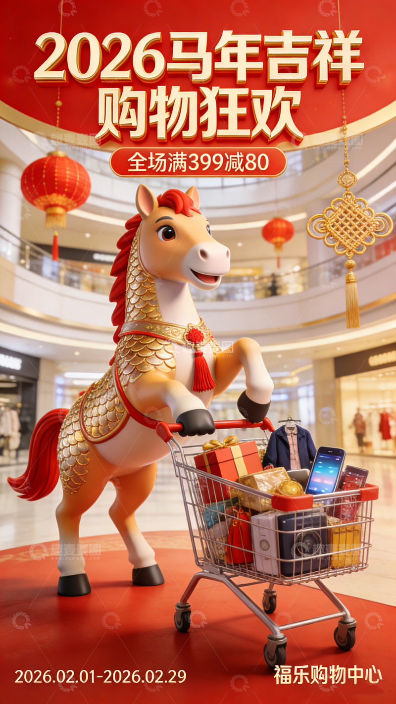 高清大图下载【趣麦麦图】马年吉祥购物狂欢海报