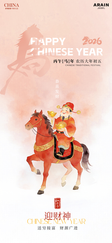 水彩春节新年初五迎财神年俗海报