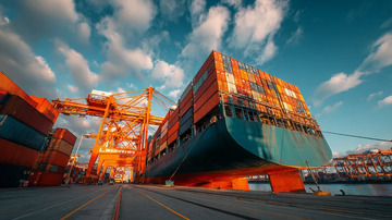 港口吊机间的集装箱堆