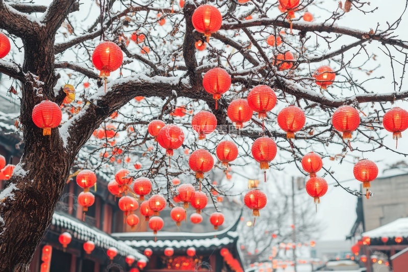 高清大图下载【趣麦麦图】过年挂满灯笼的一颗大树