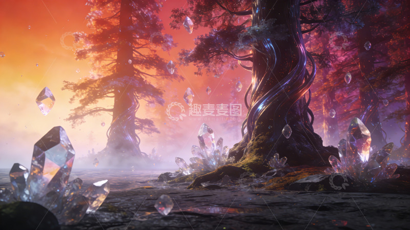 高清大图下载【趣麦麦图】奇幻森林水晶景观3D渲染图