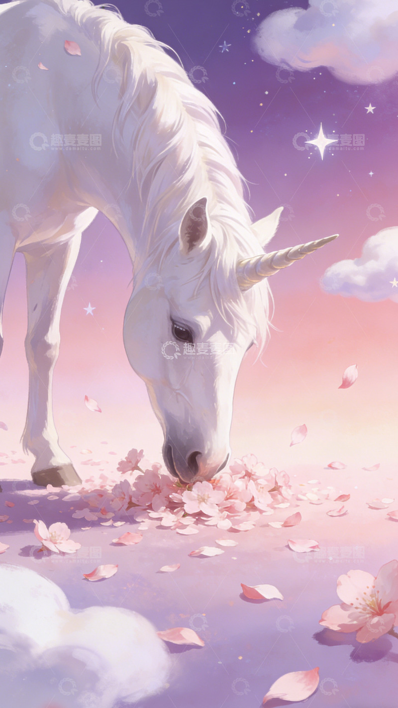 高清大图下载【趣麦麦图】梦幻独角兽樱花场景插画
